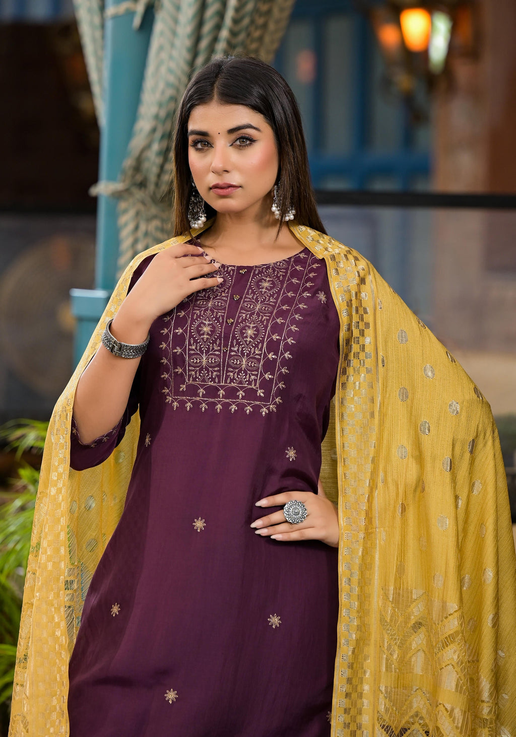 Juniper Burgundy Zari Embroidered Chinon Kurta Pant And Dupatta Set With Zari Work & Beads | Grocsy