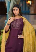 Juniper Burgundy Zari Embroidered Chinon Kurta Pant And Dupatta Set With Zari Work & Beads | Grocsy