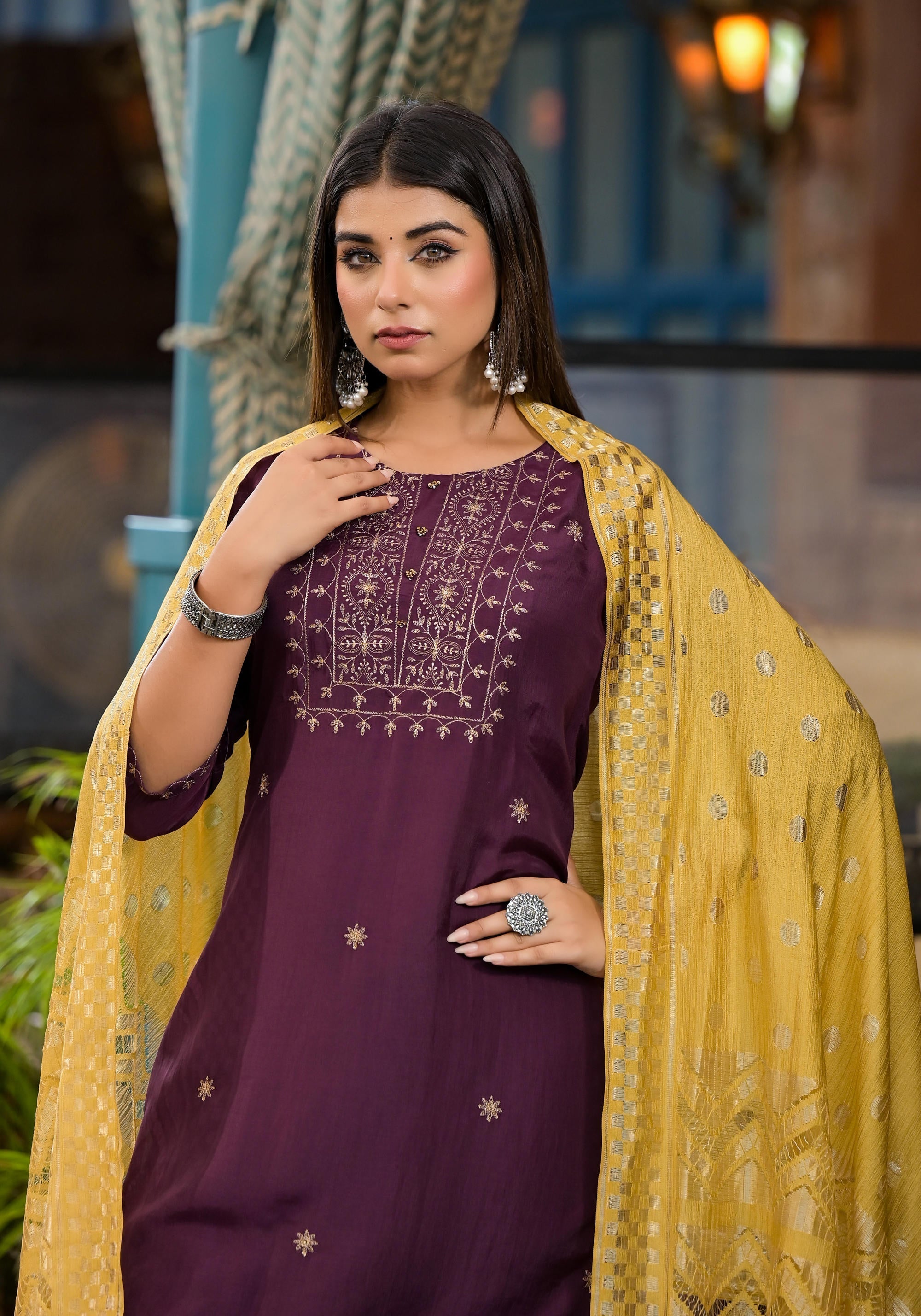 Juniper Burgundy Zari Embroidered Chinon Kurta Pant And Dupatta Set With Zari Work & Beads | Grocsy