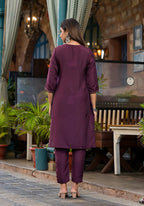 Juniper Burgundy Zari Embroidered Chinon Kurta Pant And Dupatta Set With Zari Work & Beads | Grocsy
