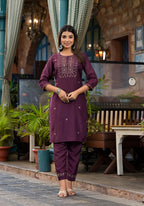 Juniper Burgundy Zari Embroidered Chinon Kurta Pant And Dupatta Set With Zari Work & Beads | Grocsy