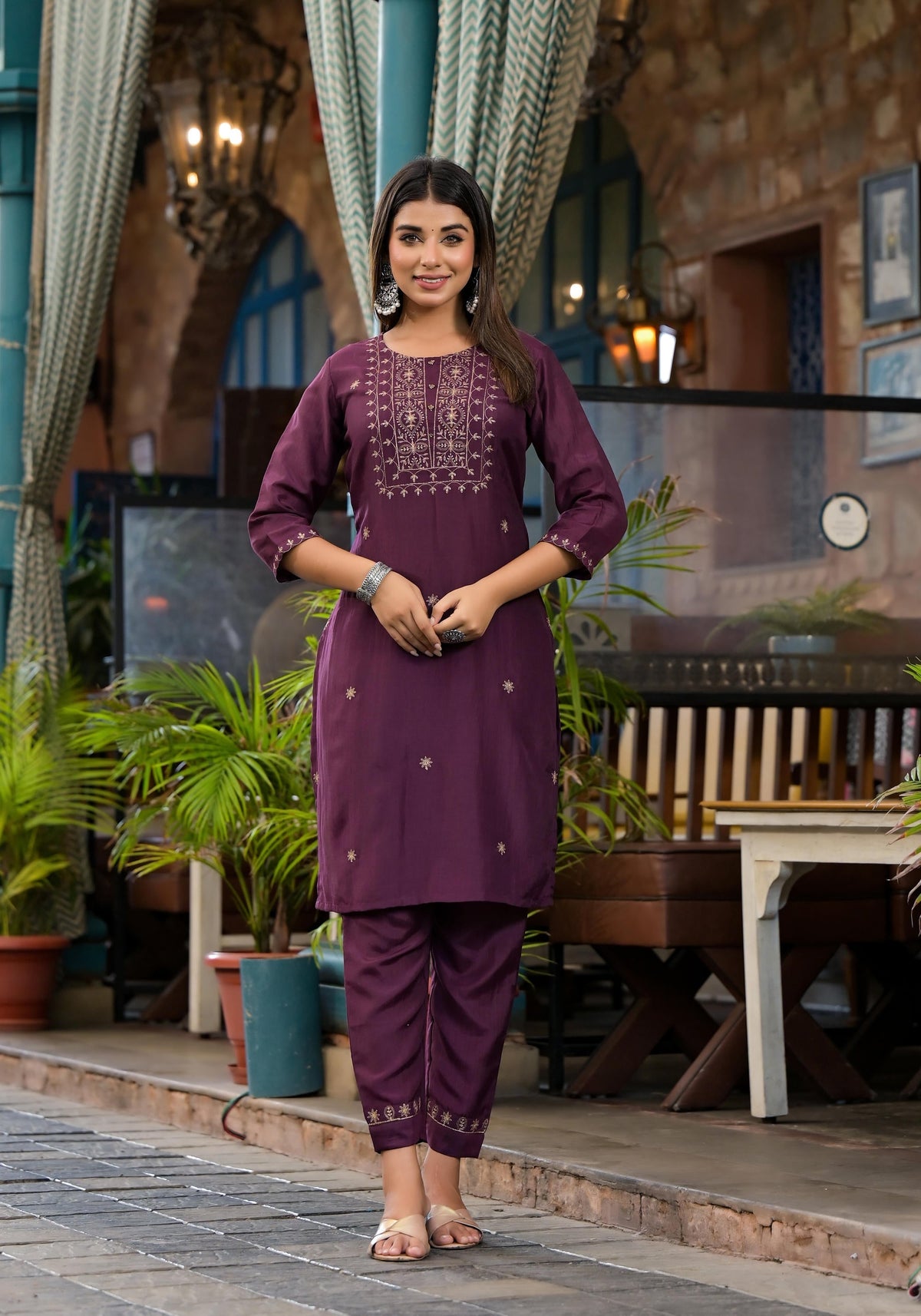 Juniper Burgundy Zari Embroidered Chinon Kurta Pant And Dupatta Set With Zari Work & Beads | Grocsy