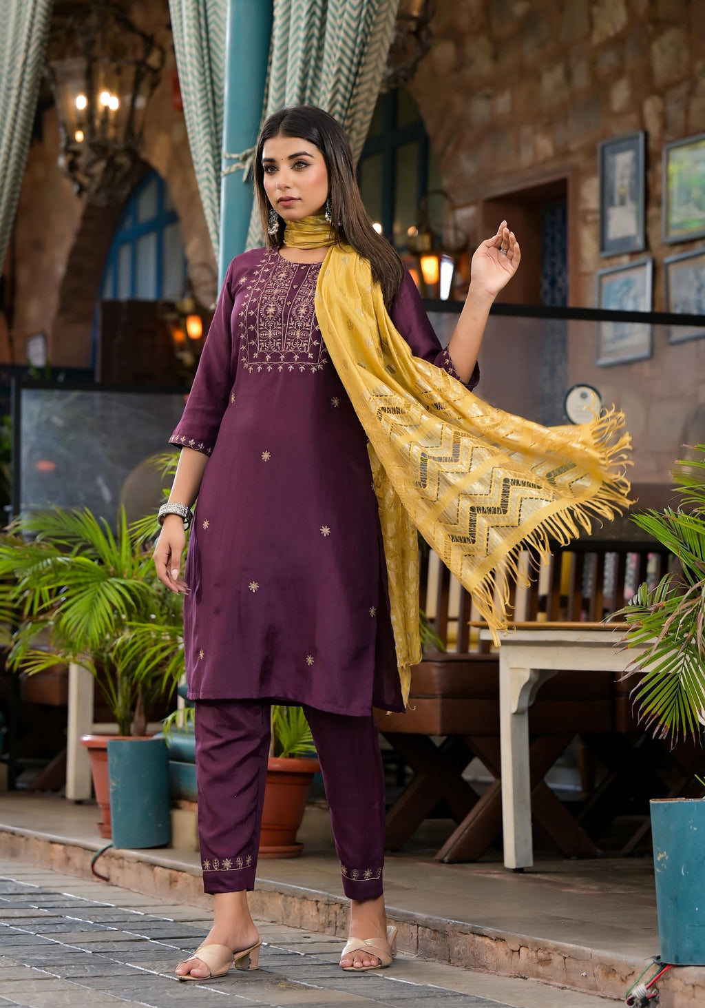 Juniper Burgundy Zari Embroidered Chinon Kurta Pant And Dupatta Set With Zari Work & Beads | Grocsy