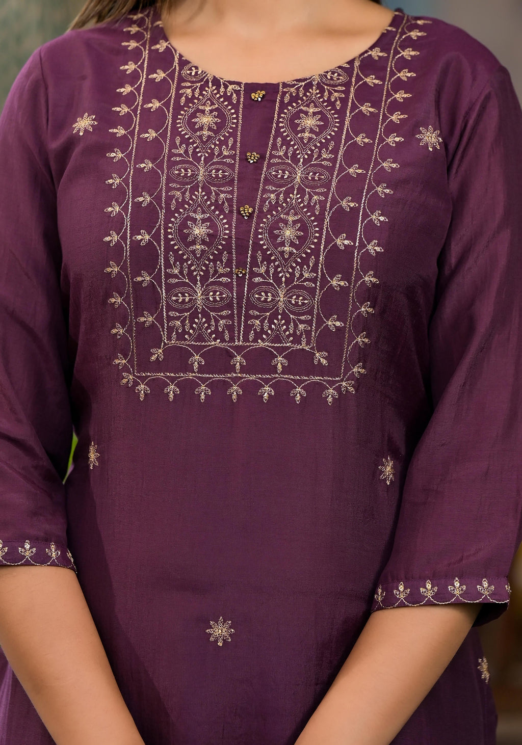 Juniper Burgundy Zari Embroidered Chinon Kurta Pant And Dupatta Set With Zari Work & Beads | Grocsy