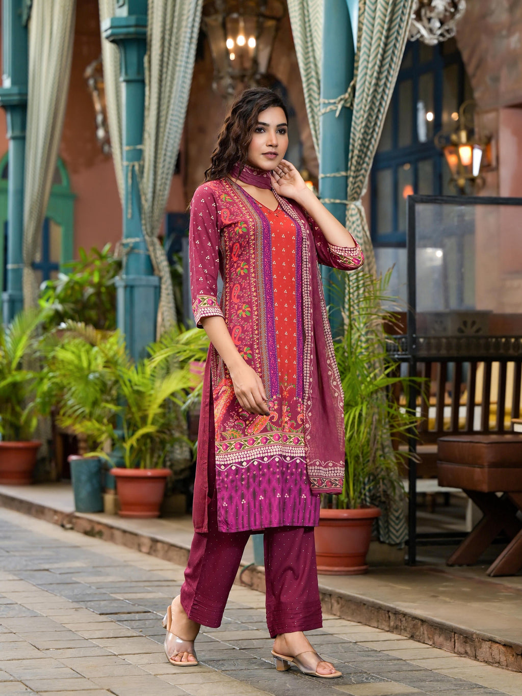 Juniper Plum Ethnic Motif Printed Liva Rayon Kurta Set With Coins | Grocsy