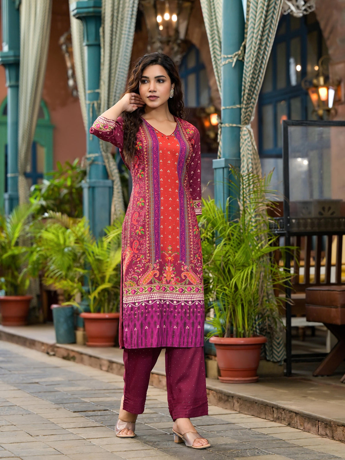 Juniper Plum Ethnic Motif Printed Liva Rayon Kurta Set With Coins | Grocsy