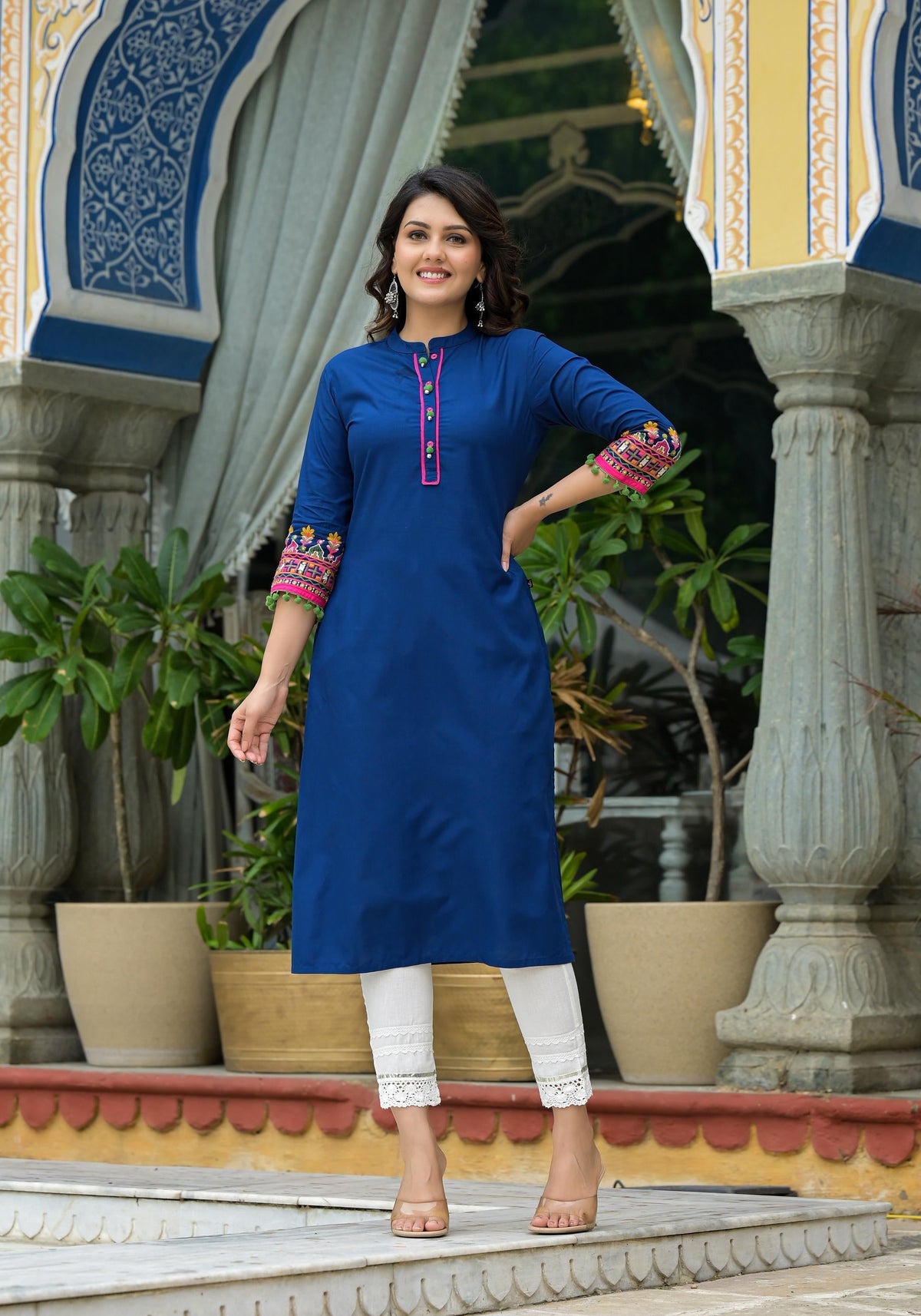 Juniper Blue Thread Embroidered A-Lined Liva Rayon Kurta With Beads & Sequins | Grocsy