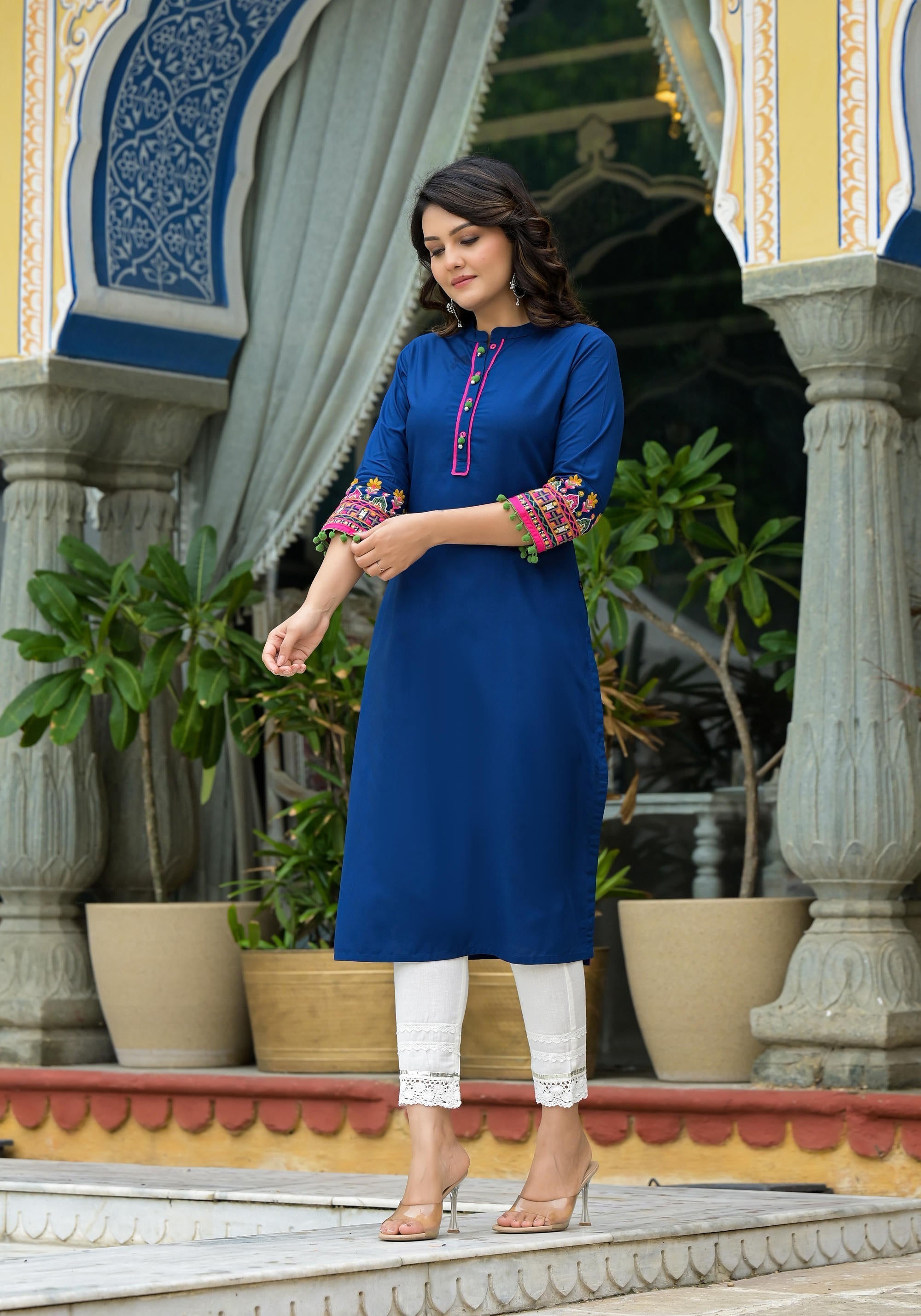 Juniper Blue Thread Embroidered A-Lined Liva Rayon Kurta With Beads & Sequins | Grocsy