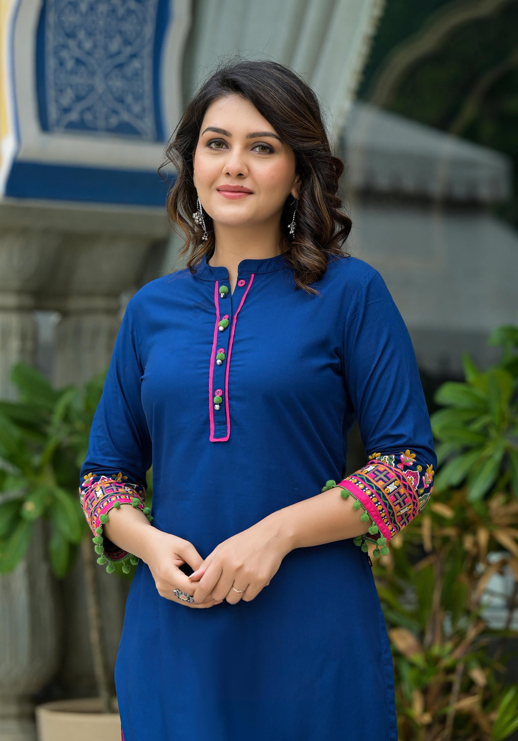 Juniper Blue Thread Embroidered A-Lined Liva Rayon Kurta With Beads & Sequins | Grocsy