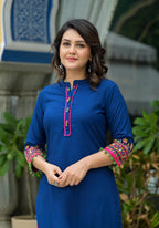 Juniper Blue Thread Embroidered A-Lined Liva Rayon Kurta With Beads & Sequins | Grocsy