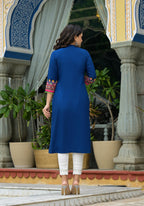 Juniper Blue Thread Embroidered A-Lined Liva Rayon Kurta With Beads & Sequins | Grocsy