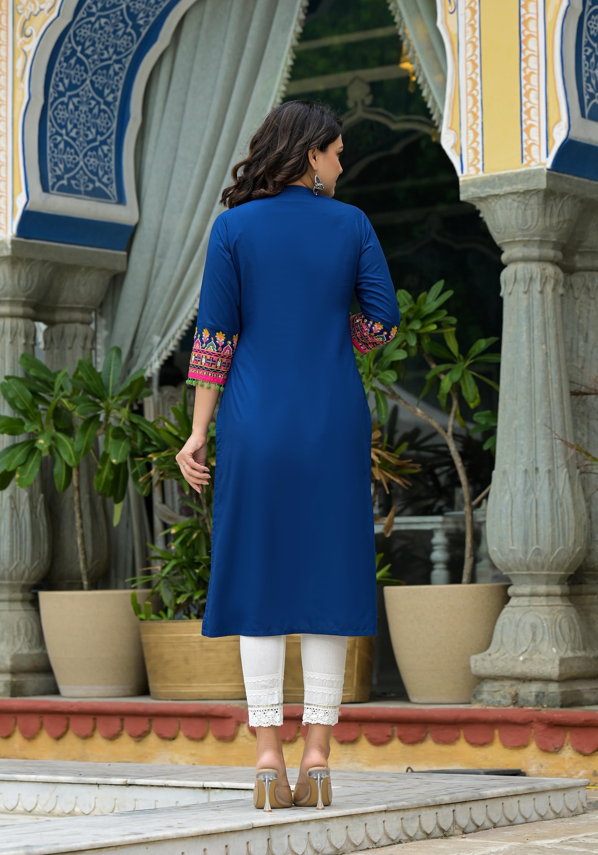 Juniper Blue Thread Embroidered A-Lined Liva Rayon Kurta With Beads & Sequins | Grocsy