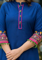 Juniper Blue Thread Embroidered A-Lined Liva Rayon Kurta With Beads & Sequins | Grocsy