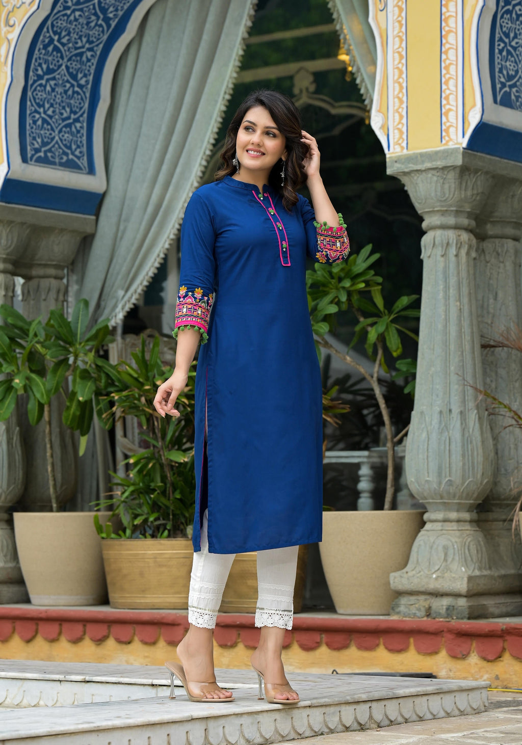 Juniper Blue Thread Embroidered A-Lined Liva Rayon Kurta With Beads & Sequins | Grocsy