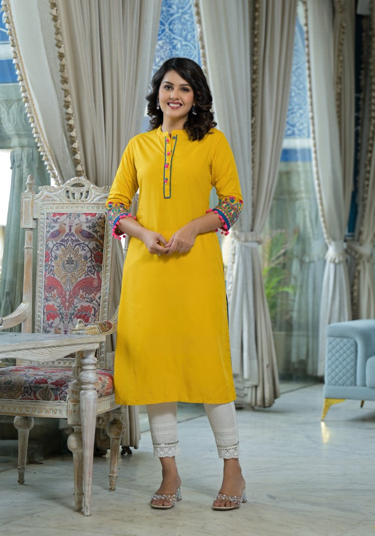 Juniper Women's Mustard Thread Embroidered Liva Rayon Kurta With Sequins Beads & Mirror Work | Grocsy