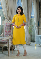 Juniper Women's Mustard Thread Embroidered Liva Rayon Kurta With Sequins Beads & Mirror Work | Grocsy