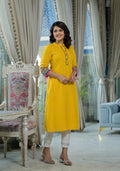 Juniper Women's Mustard Thread Embroidered Liva Rayon Kurta With Sequins Beads & Mirror Work | Grocsy