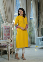 Juniper Women's Mustard Thread Embroidered Liva Rayon Kurta With Sequins Beads & Mirror Work | Grocsy