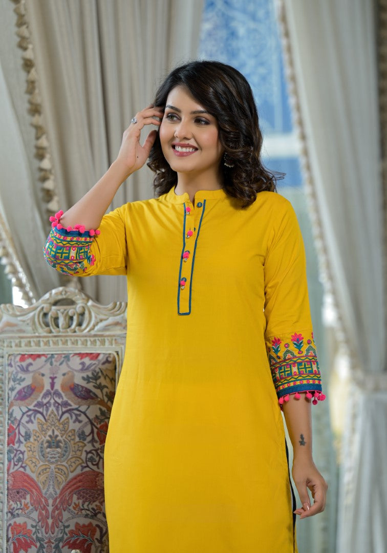 Juniper Women's Mustard Thread Embroidered Liva Rayon Kurta With Sequins Beads & Mirror Work | Grocsy