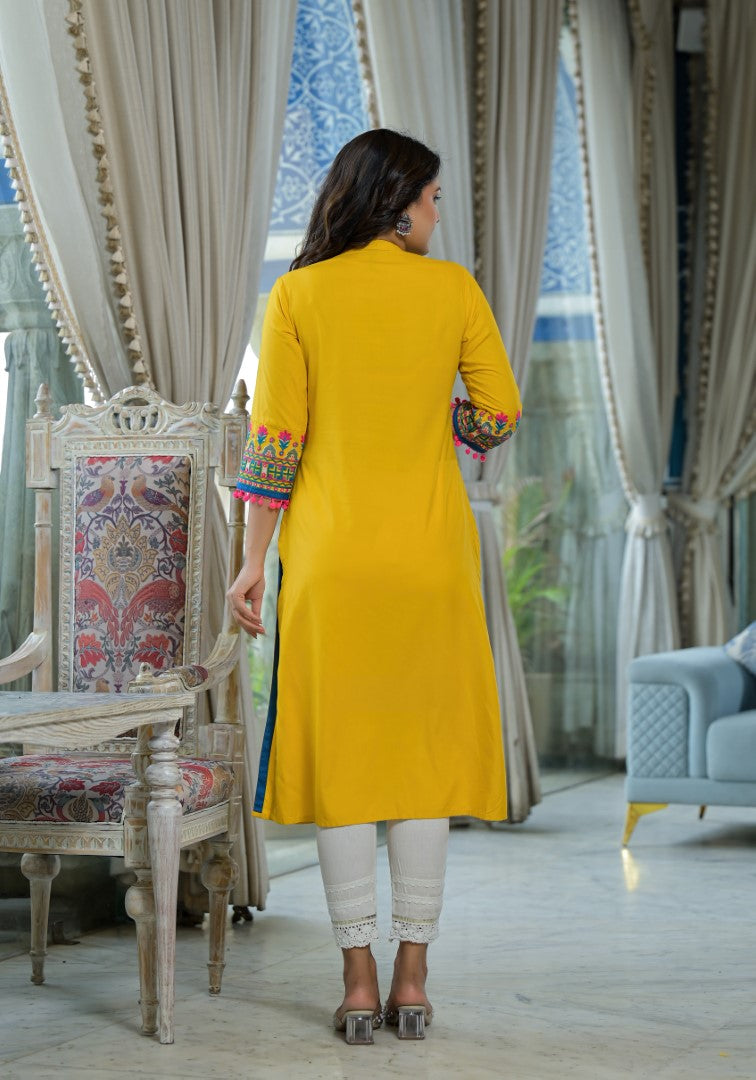 Juniper Women's Mustard Thread Embroidered Liva Rayon Kurta With Sequins Beads & Mirror Work | Grocsy