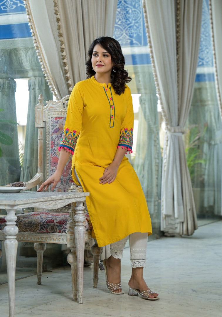 Juniper Women's Mustard Thread Embroidered Liva Rayon Kurta With Sequins Beads & Mirror Work | Grocsy