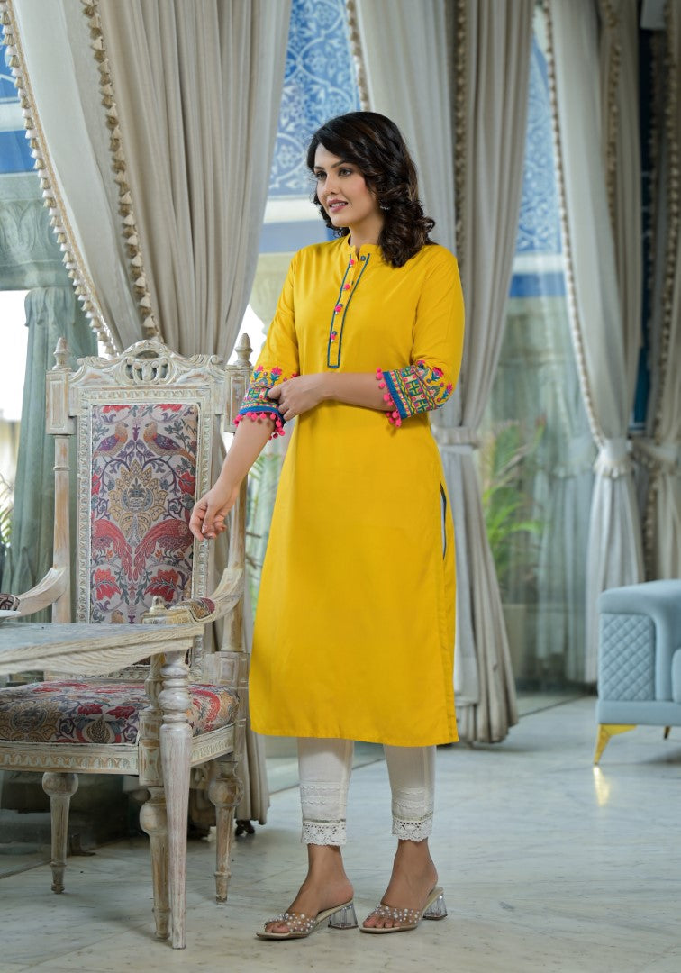 Juniper Women's Mustard Thread Embroidered Liva Rayon Kurta With Sequins Beads & Mirror Work | Grocsy