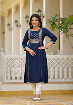 Juniper Blue Solid Rayon Kurta With Sequins & Doris | Grocsy