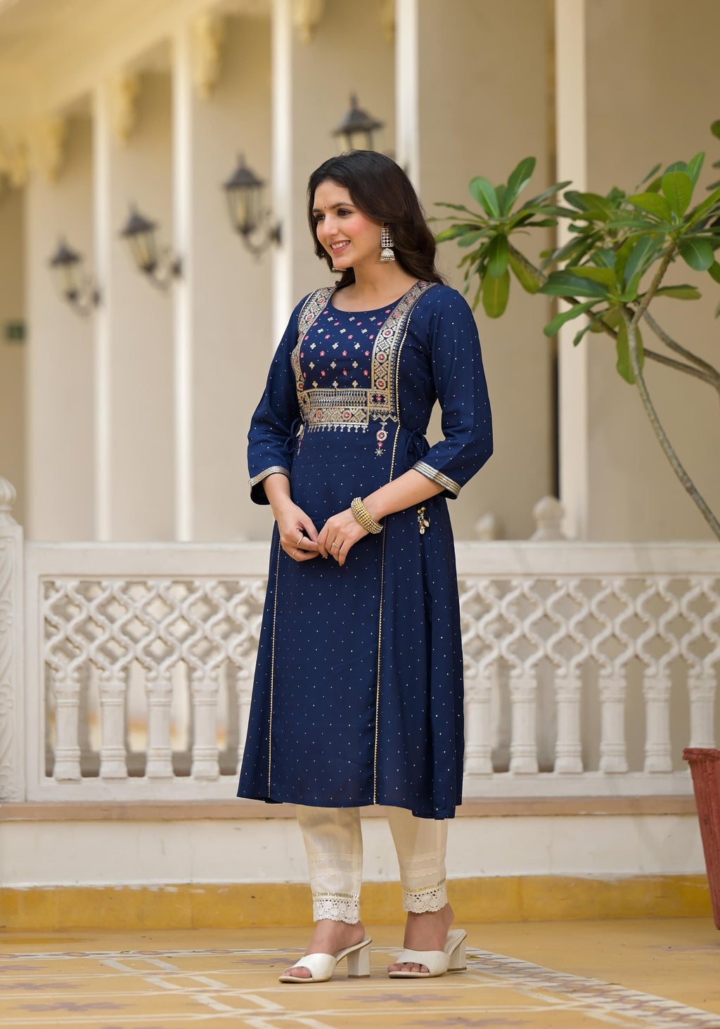 Juniper Blue Solid Rayon Kurta With Sequins & Doris | Grocsy