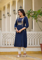 Juniper Blue Solid Rayon Kurta With Sequins & Doris | Grocsy