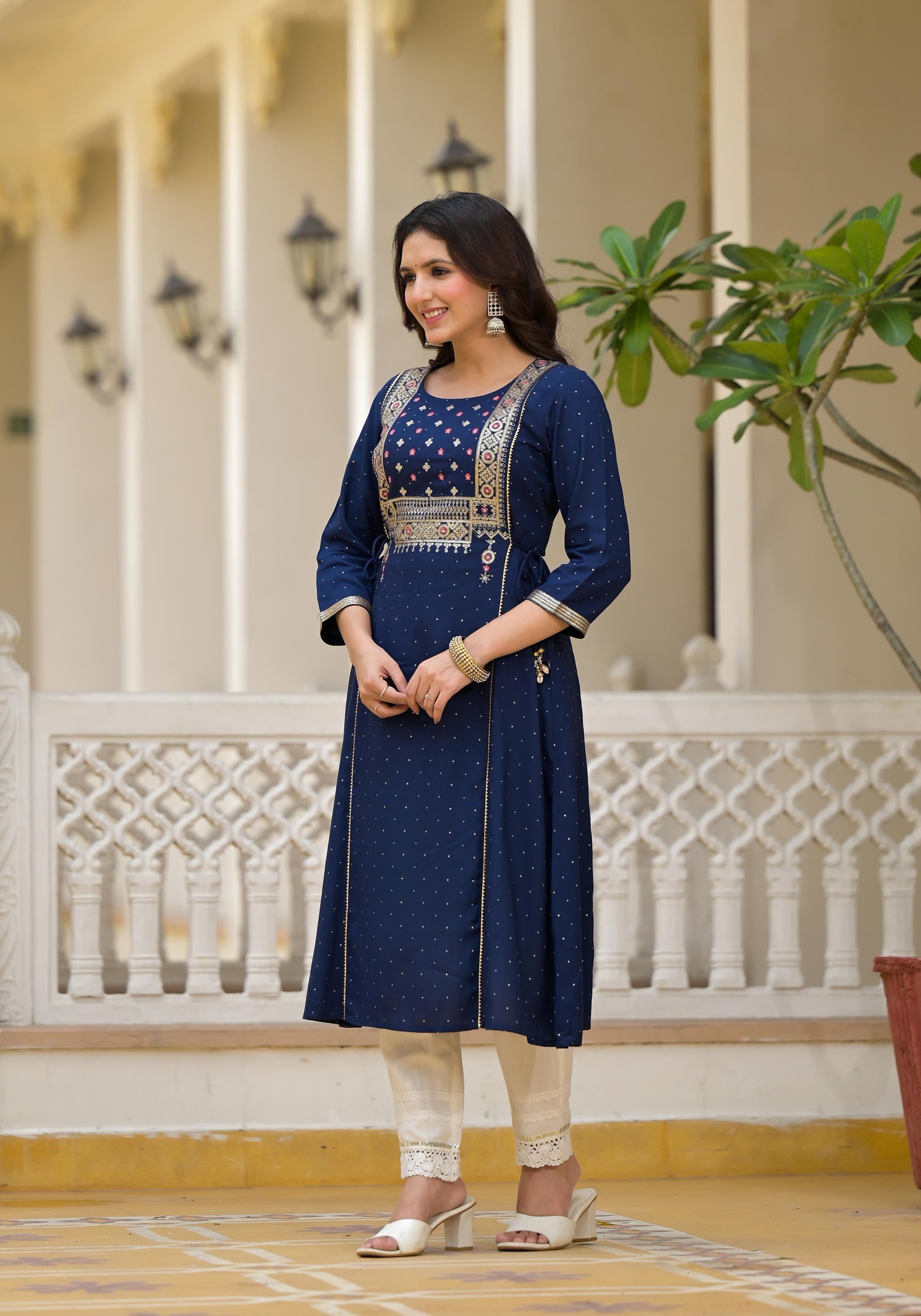 Juniper Blue Solid Rayon Kurta With Sequins & Doris | Grocsy