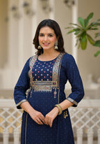 Juniper Blue Solid Rayon Kurta With Sequins & Doris | Grocsy