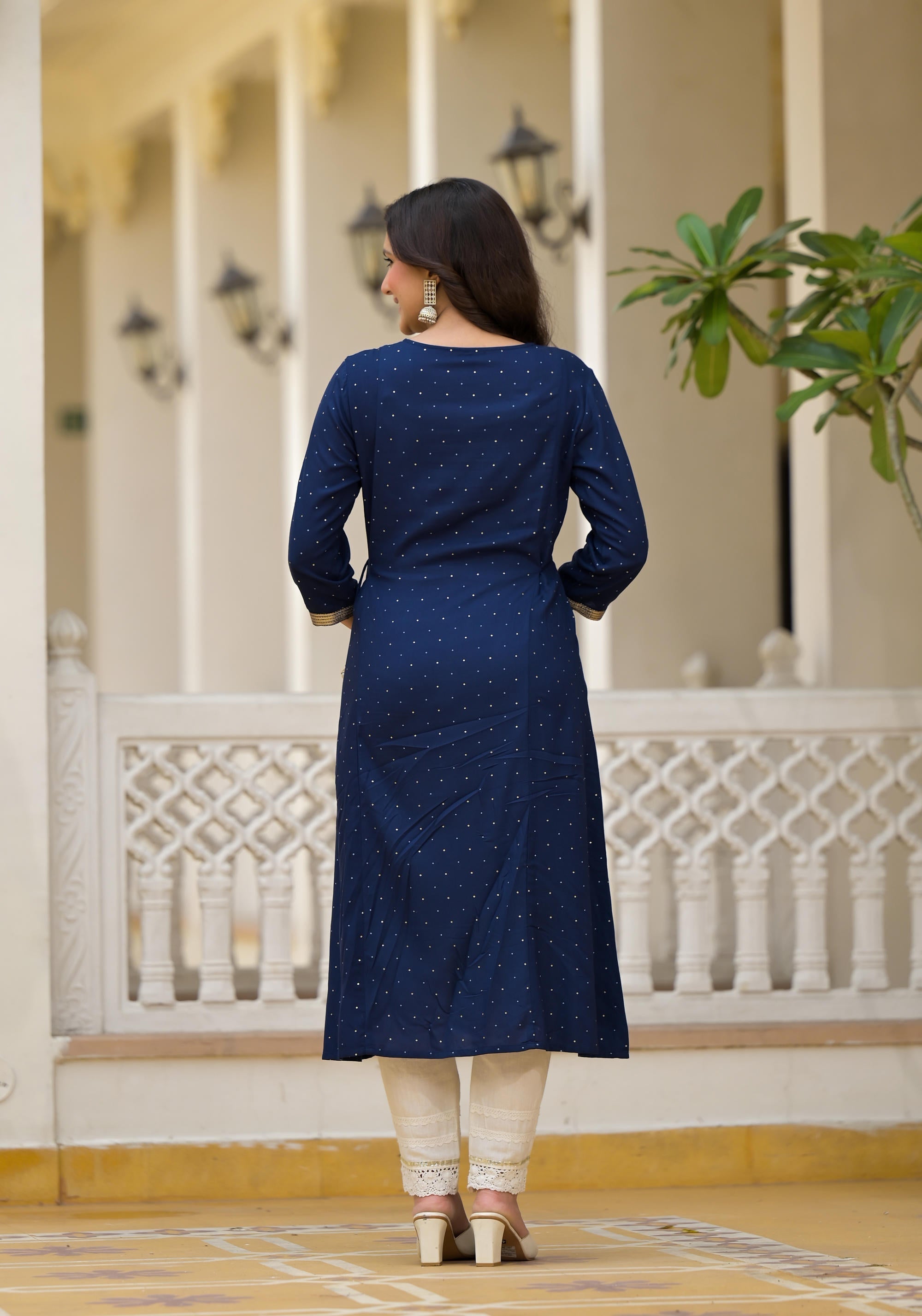 Juniper Blue Solid Rayon Kurta With Sequins & Doris | Grocsy