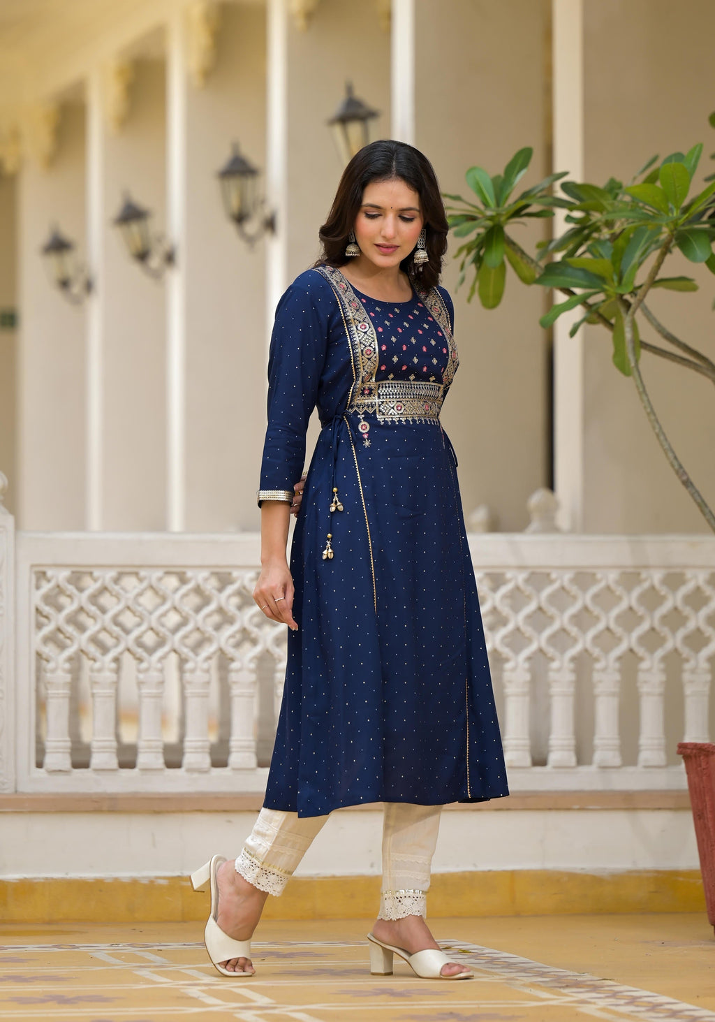 Juniper Blue Solid Rayon Kurta With Sequins & Doris | Grocsy
