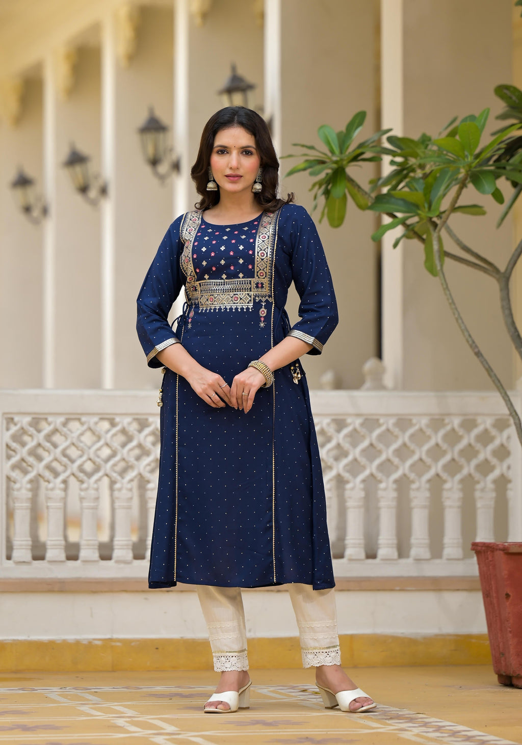 Juniper Blue Solid Rayon Kurta With Sequins & Doris | Grocsy