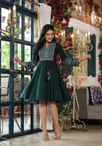 Juniper Green Ethnic Motif Printed Liva Rayon Dress With Dori & Sequin | Grocsy