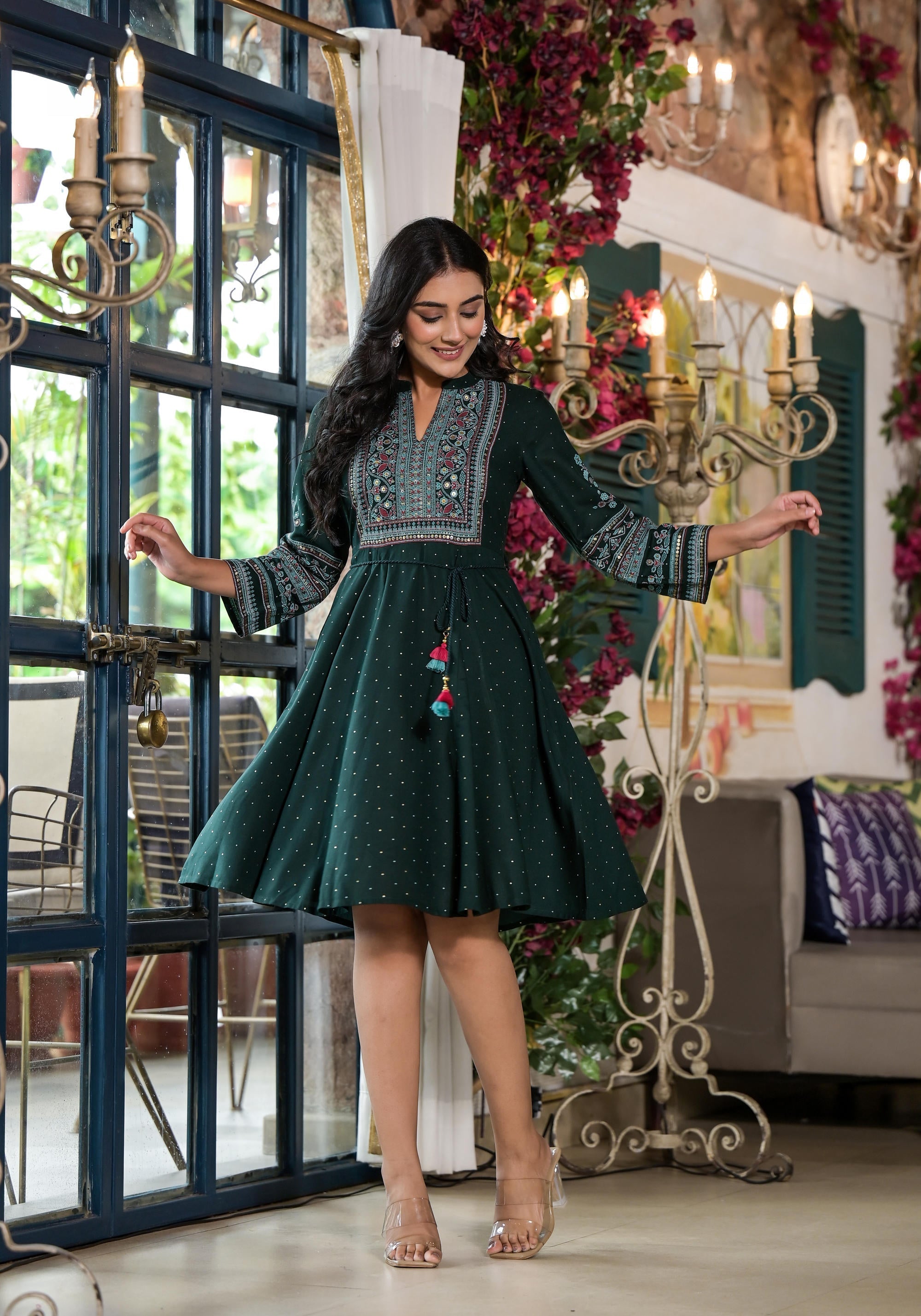 Juniper Green Ethnic Motif Printed Liva Rayon Dress With Dori & Sequin | Grocsy