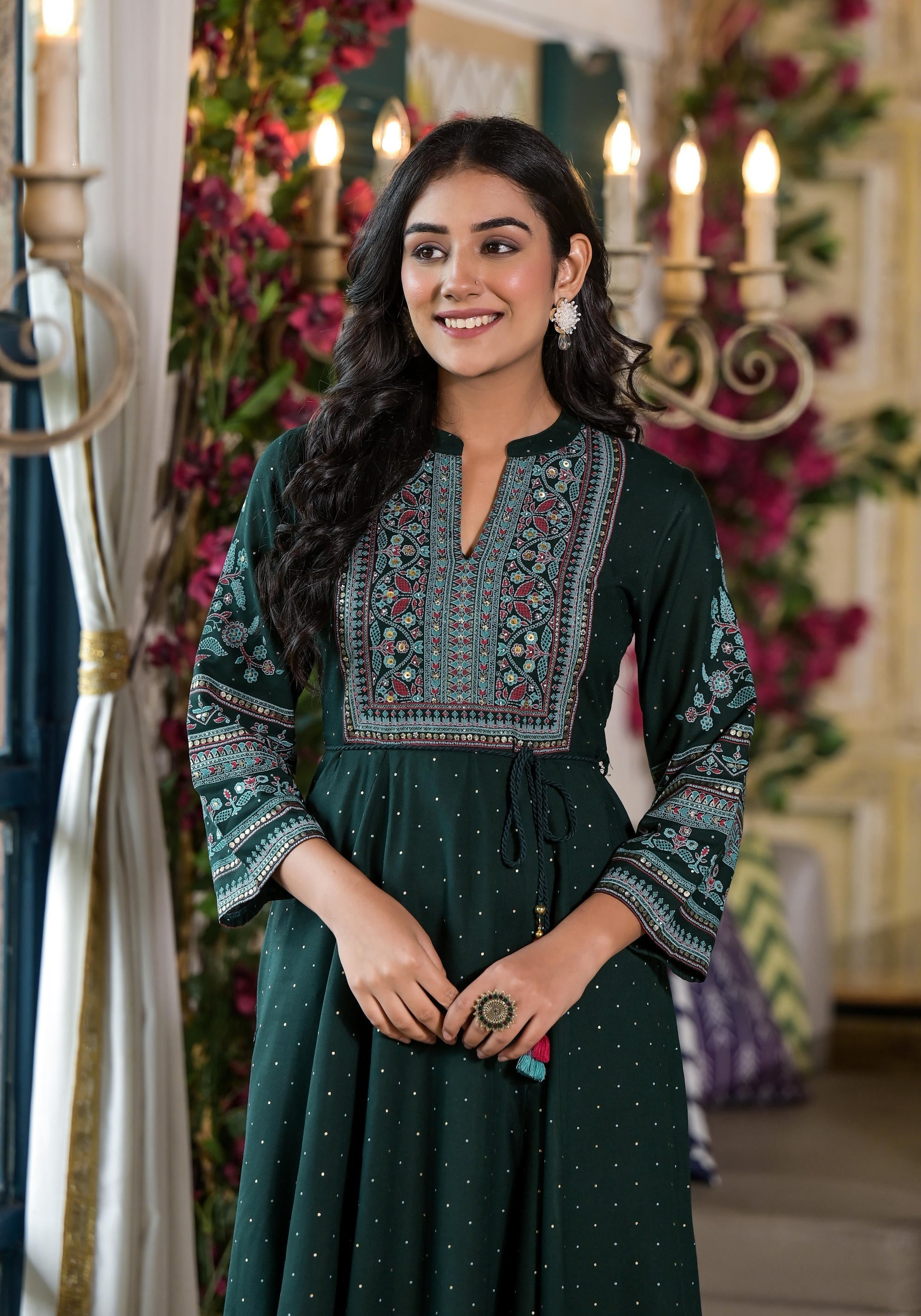 Juniper Green Ethnic Motif Printed Liva Rayon Dress With Dori & Sequin | Grocsy