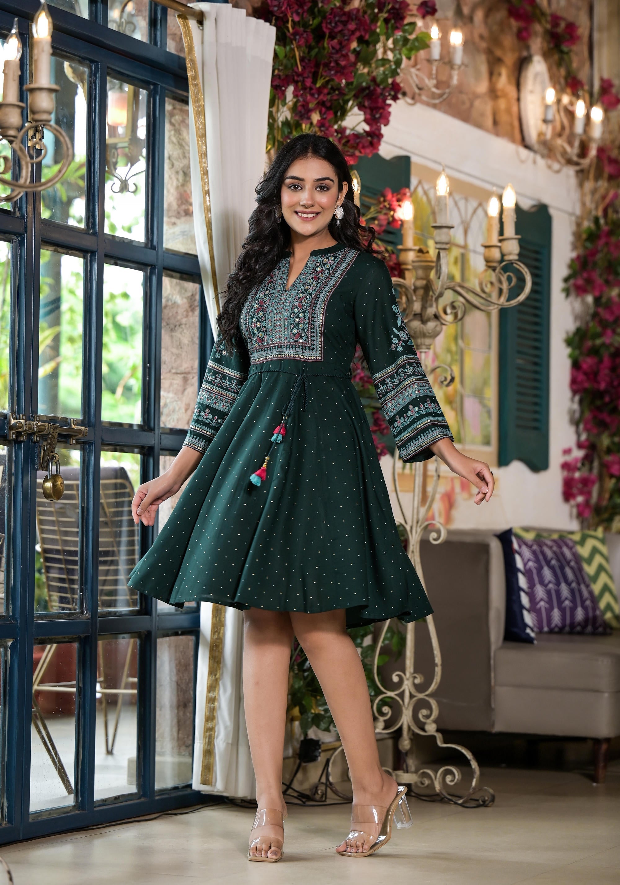 Juniper Green Ethnic Motif Printed Liva Rayon Dress With Dori & Sequin | Grocsy