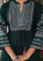 Juniper Green Ethnic Motif Printed Liva Rayon Dress With Dori & Sequin | Grocsy