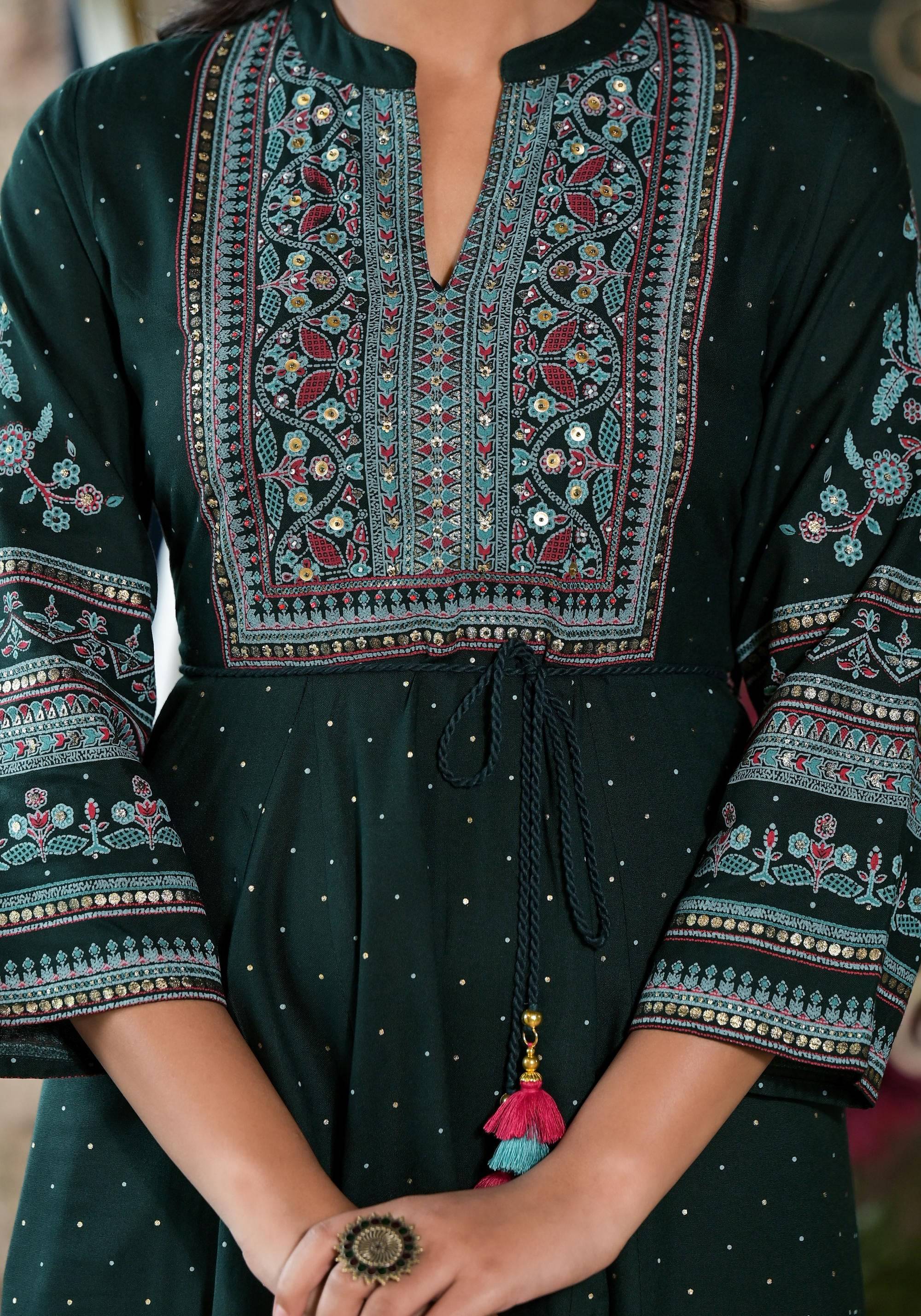 Juniper Green Ethnic Motif Printed Liva Rayon Dress With Dori & Sequin | Grocsy