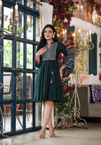 Juniper Green Ethnic Motif Printed Liva Rayon Dress With Dori & Sequin | Grocsy