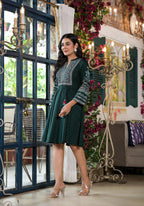 Juniper Green Ethnic Motif Printed Liva Rayon Dress With Dori & Sequin | Grocsy