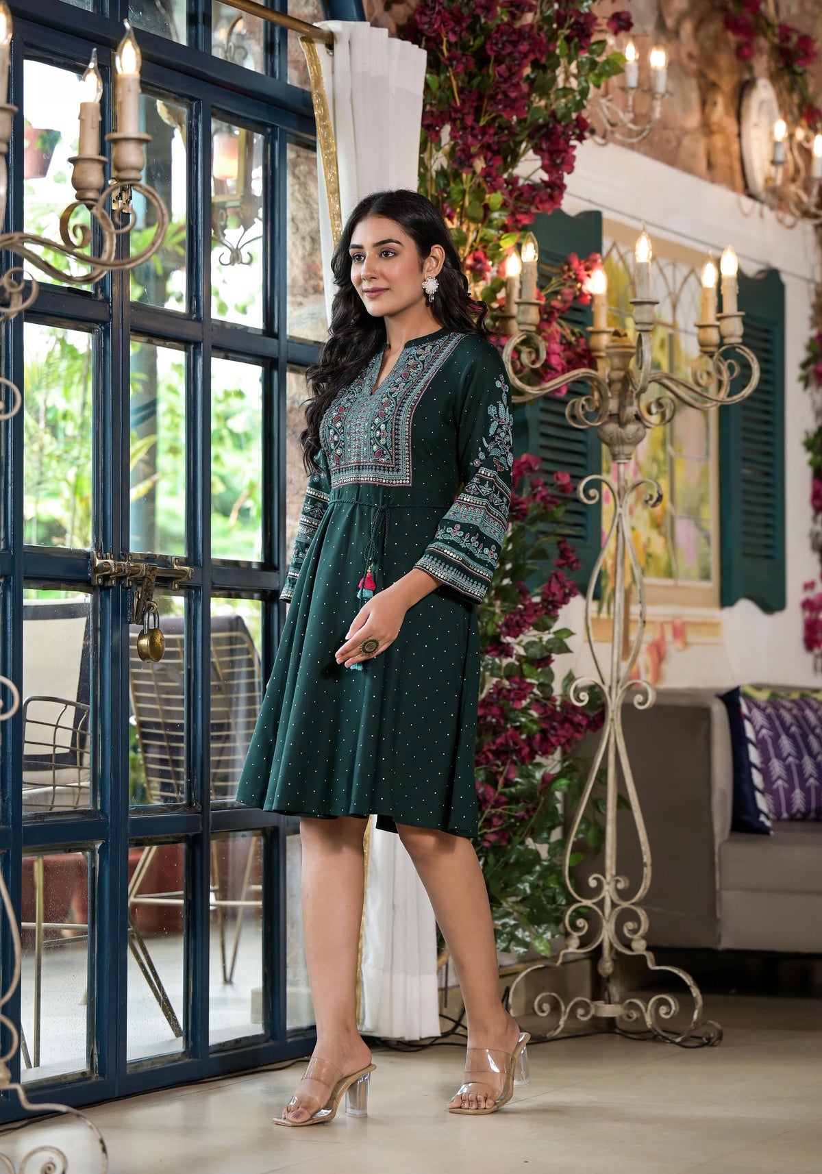 Juniper Green Ethnic Motif Printed Liva Rayon Dress With Dori & Sequin | Grocsy