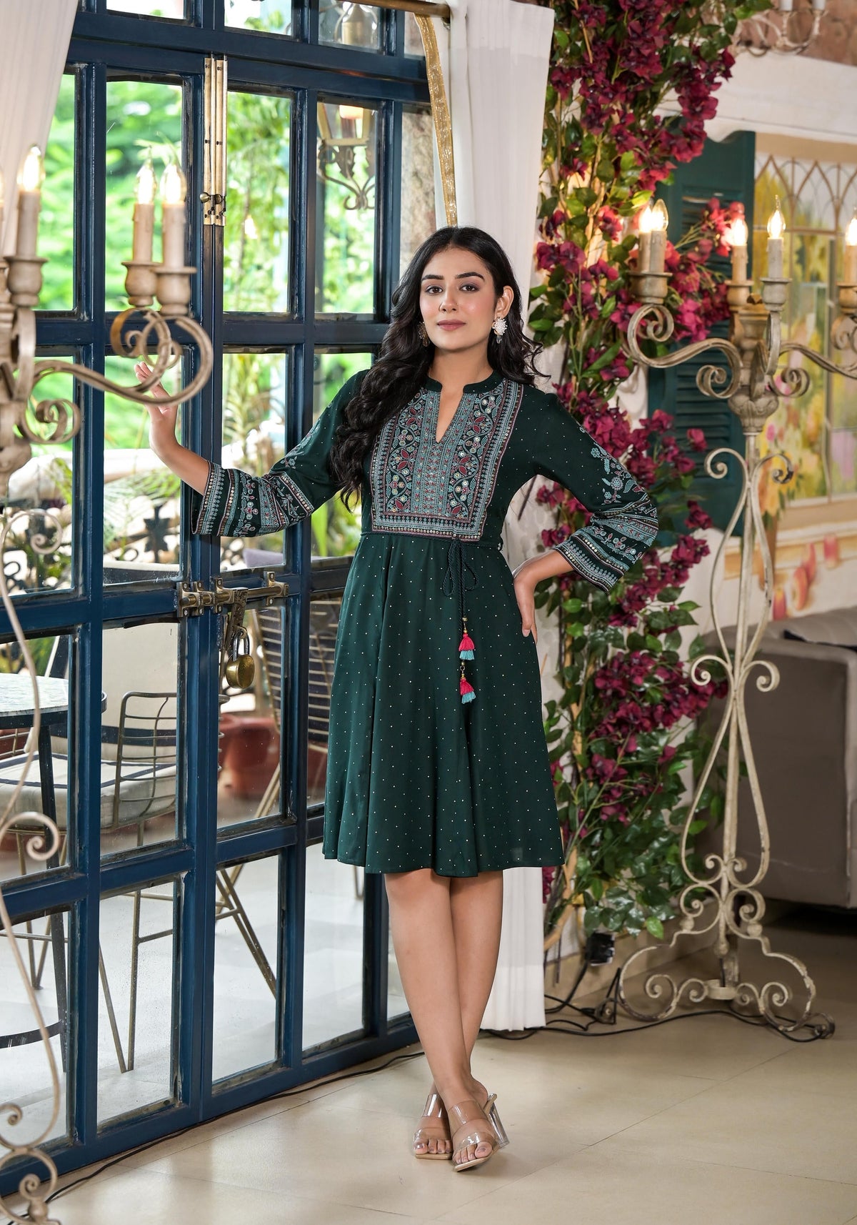 Juniper Green Ethnic Motif Printed Liva Rayon Dress With Dori & Sequin | Grocsy