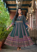 Juniper Green Ethnic Motif Printed Georgette Maxi Dress With Sequins Gota Patti | Grocsy
