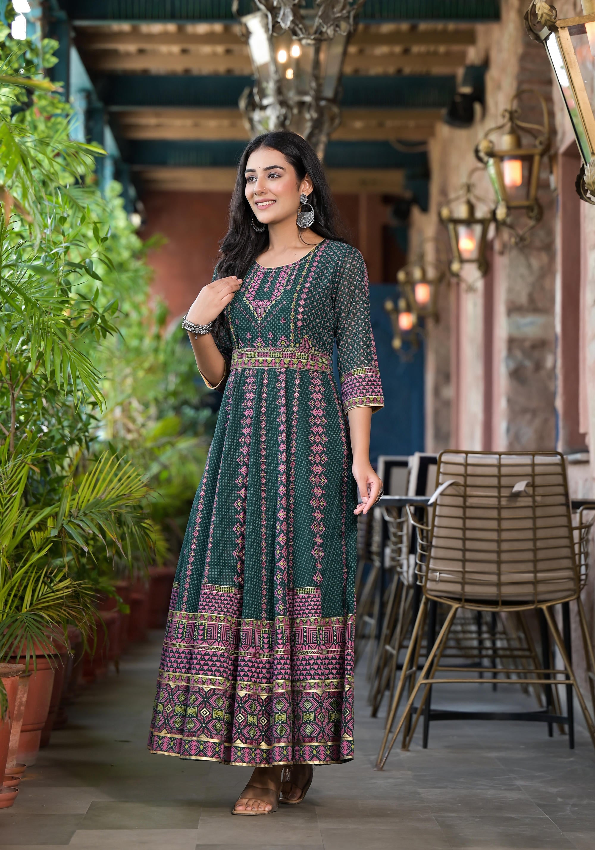 Juniper Green Ethnic Motif Printed Georgette Maxi Dress With Sequins Gota Patti | Grocsy