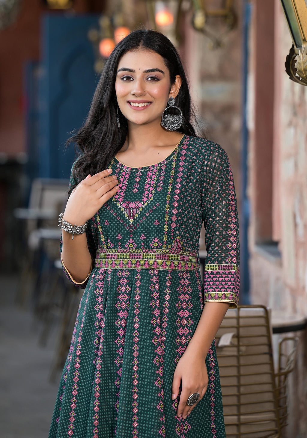 Juniper Green Ethnic Motif Printed Georgette Maxi Dress With Sequins Gota Patti | Grocsy