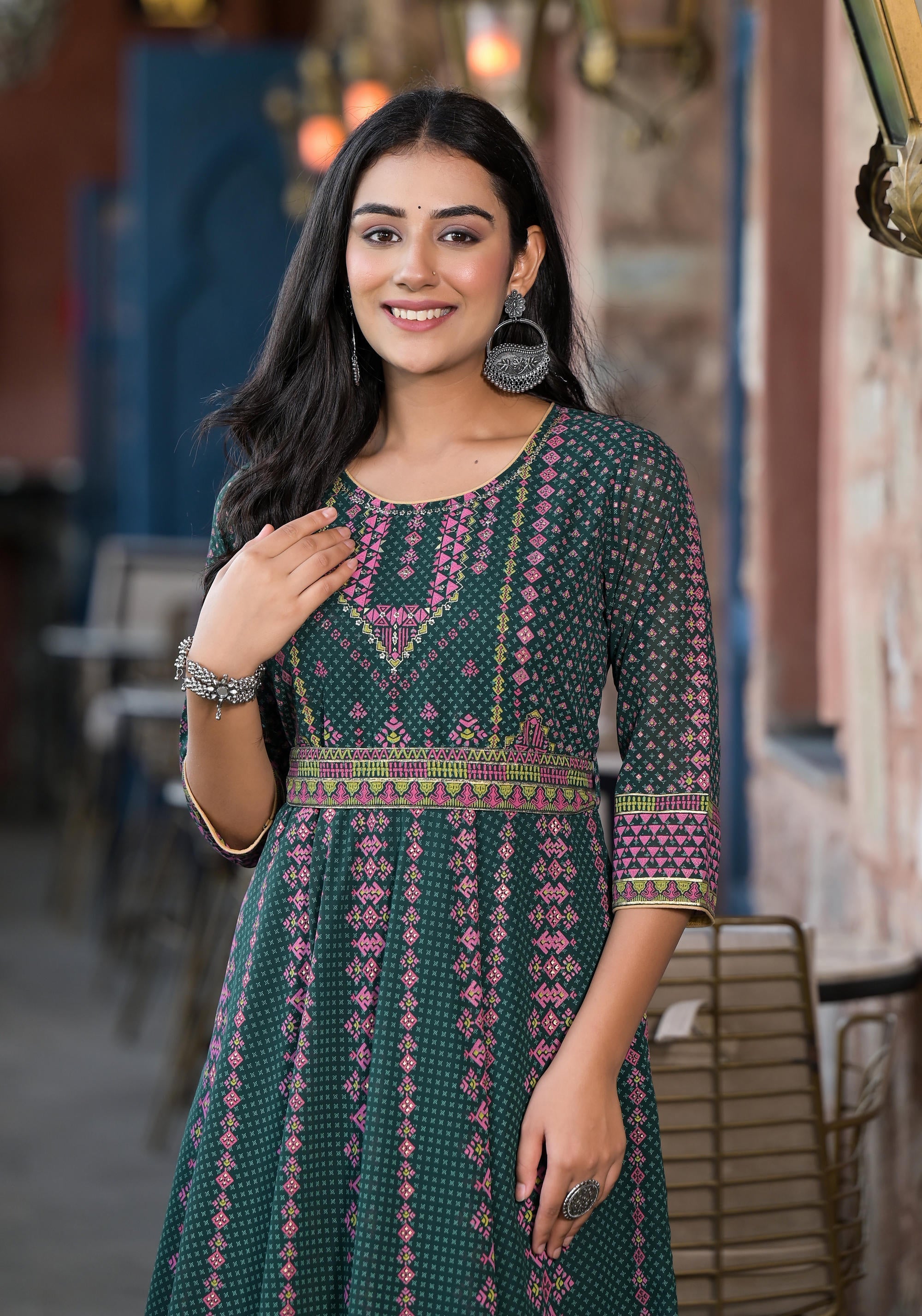 Juniper Green Ethnic Motif Printed Georgette Maxi Dress With Sequins Gota Patti | Grocsy