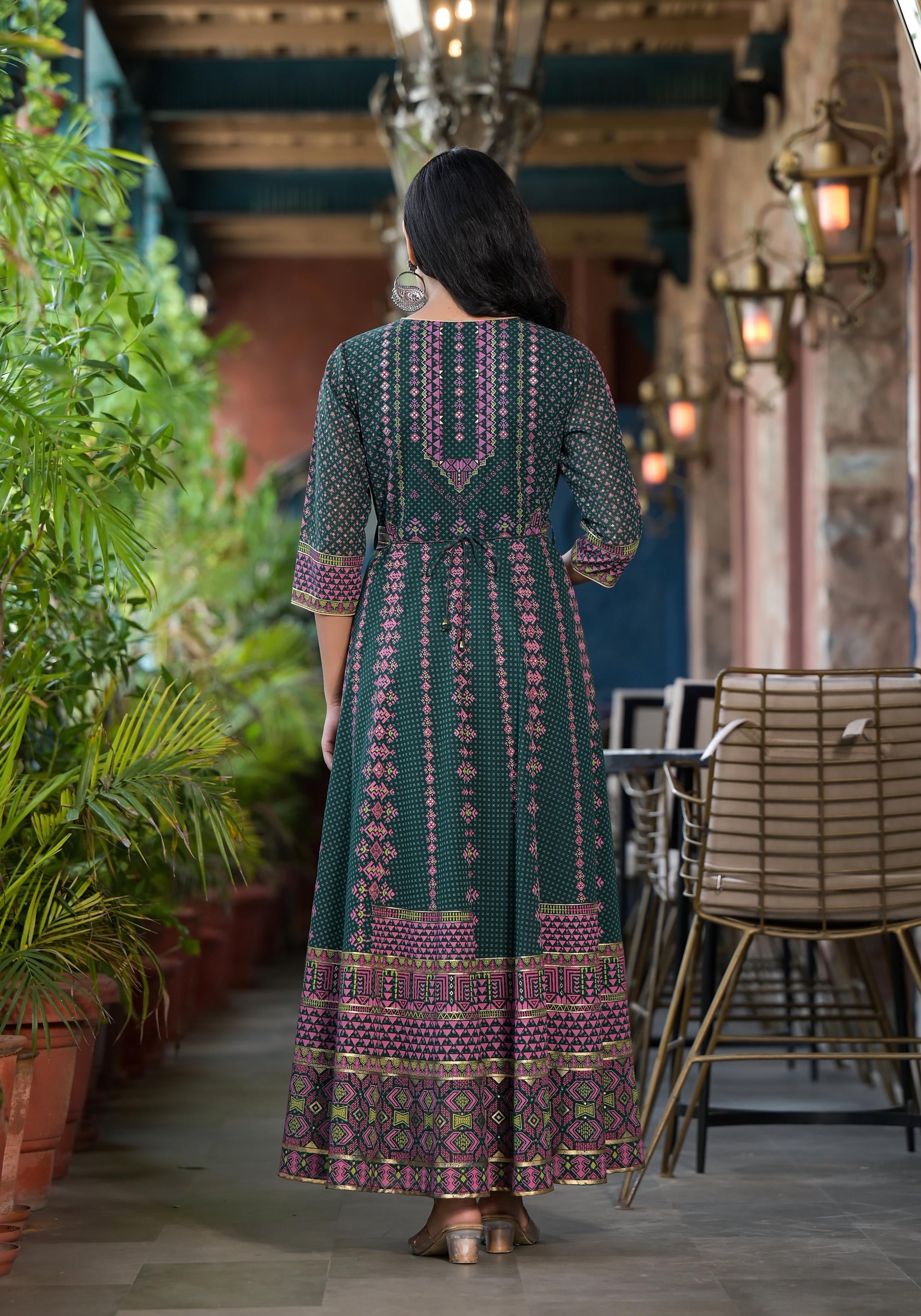 Juniper Green Ethnic Motif Printed Georgette Maxi Dress With Sequins Gota Patti | Grocsy