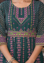 Juniper Green Ethnic Motif Printed Georgette Maxi Dress With Sequins Gota Patti | Grocsy